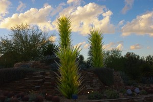 Chihuly's "Desert Towers" glow as visitors enter the Desert Botanical Garden for Las Noches de las Luminarias.