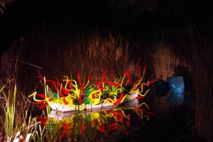 The "Sonoran Boat" and the "Blue Crystals" float on the pond.